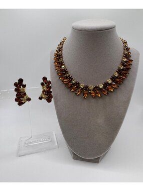 Vintage Amber Tone Rhinestone Necklace Earring Set Gold Tone Mid Century Glam